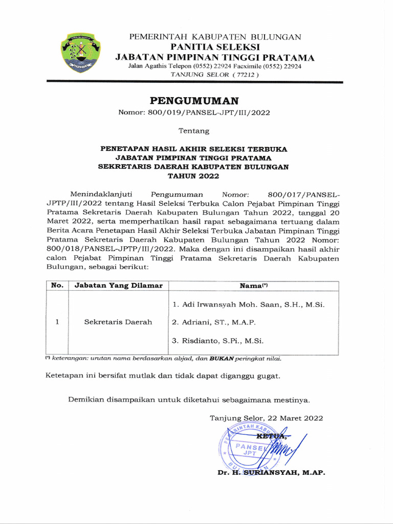 Tiga Nama Calon Sekda Baubau Lolos Tahap Akhir Seleksi