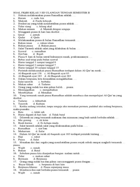 Hukum Shalat Lima Waktu bagi Orang Sakit, Soal Fiqih Kelas 3 SD Semester 2