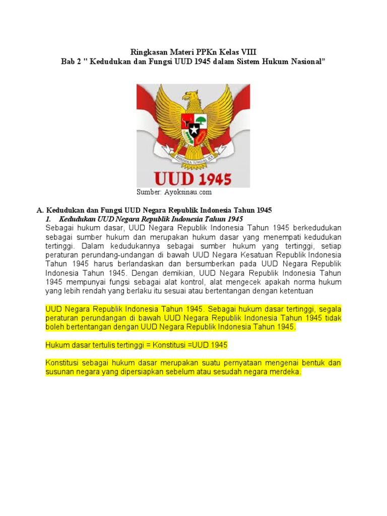 Ringkasan Materi Pancasila Kelas 8 SMP Bab 2: Fungsi dan Kedudukan UUD 1945