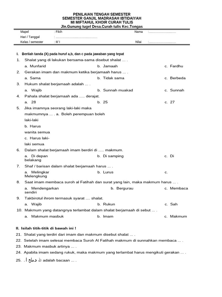 Doa Setelah Takbiratul Ikhram: Soal Fikih Kelas 2 SD Semester 2