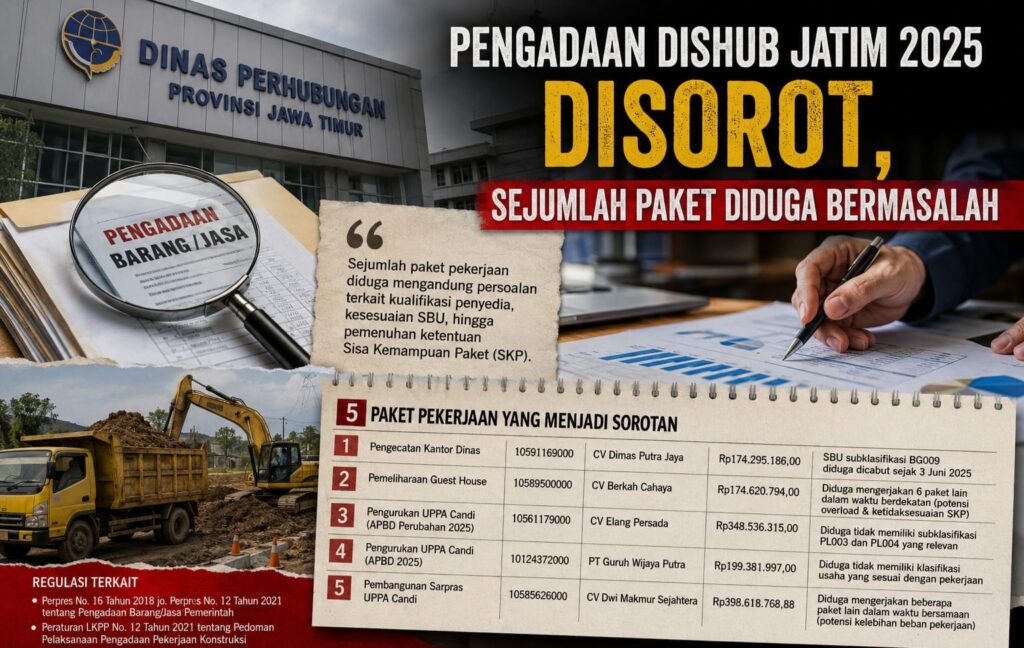Dugaan Ketidaksesuaian SBU dan SKP Warnai Sejumlah Paket Pengadaan Dishub Jatim 2025